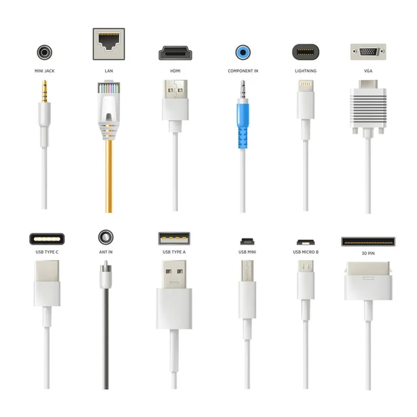Conectores y cables aislados iconos, conectores, tecnologías modernas — Vector de stock