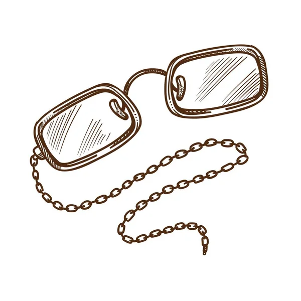 Brille oder Brille auf Kette isolierte Skizze, Vintage-Accessoire — Stockvektor