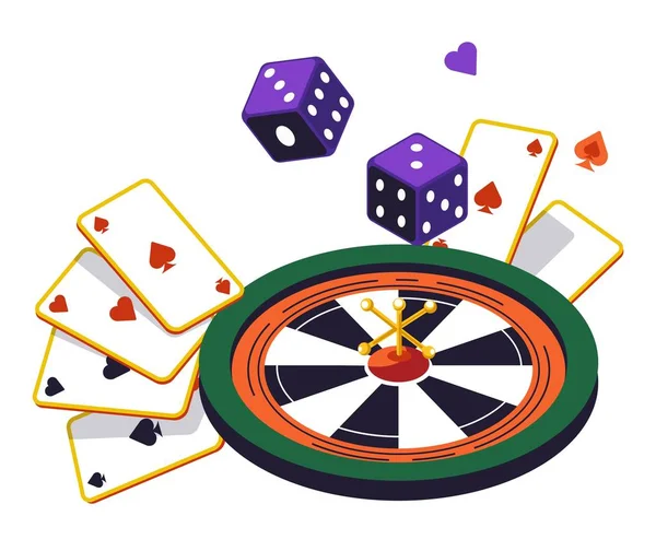 Roulette wheel and play cards, dices, online casino club — Stock Vector