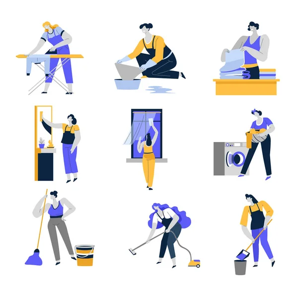 Serviço de limpeza e ícones isolados para uso doméstico, mulheres ou donas de casa — Vetor de Stock
