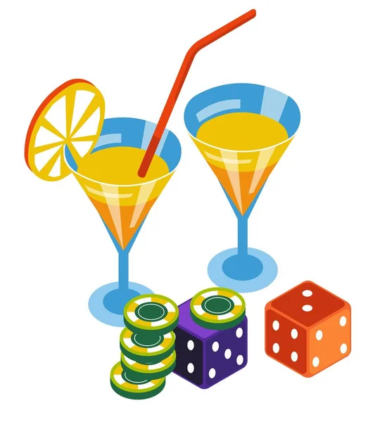 Casino club, poker chips and dices, bar cocktails — Stock Vector