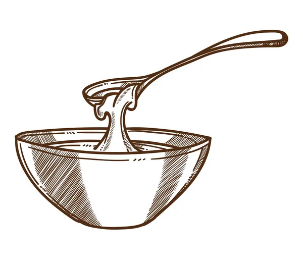蜂蜜在碗与勺子孤立的草图，养蜂和有机食品 — 图库矢量图片