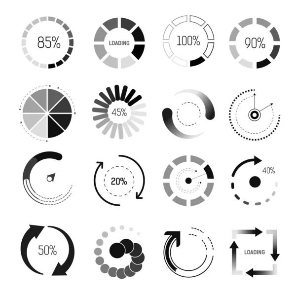 Indicatori di caricamento icone isolate, percentuale e cerchio o quadrato — Vettoriale Stock