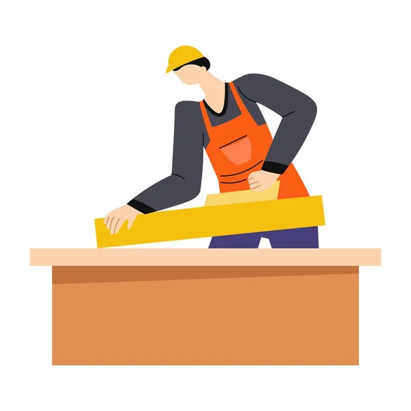 Man grinding wooden beam with sanding machine, building and construction — Stock Vector