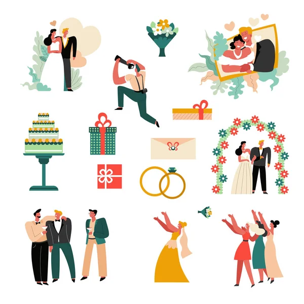 Bruiloft dag of huwelijk ceremonie, bruid en bruidegom geïsoleerd pictogrammen — Stockvector