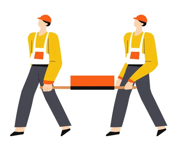 Building or construction works, builders in hardhats carrying bricks on stretcher — Stock Vector