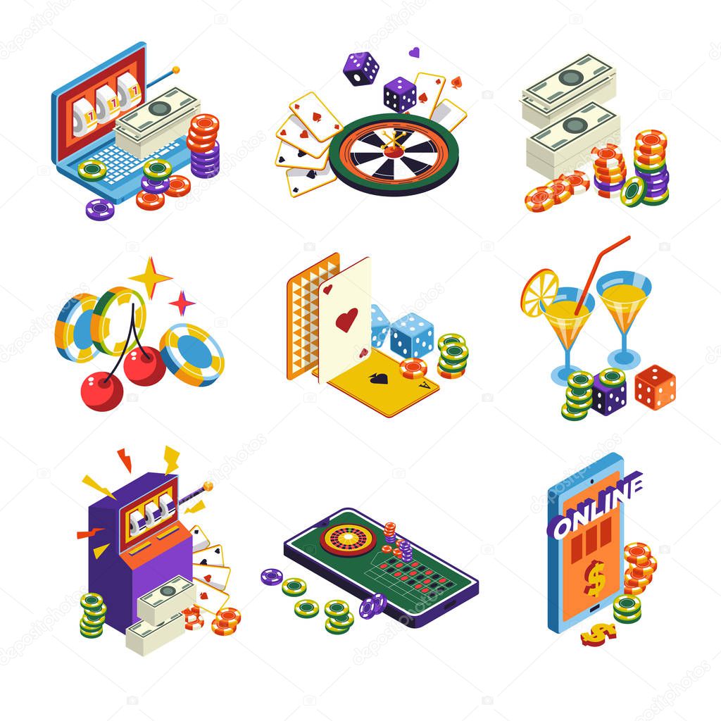 Poker and slot machine, roulette and dice, casino isolated icons vector. Laptop and slots, wheel and cubes, money stacks or dollar bills. Cherry symbol and play cards, bar cocktails and mobile device