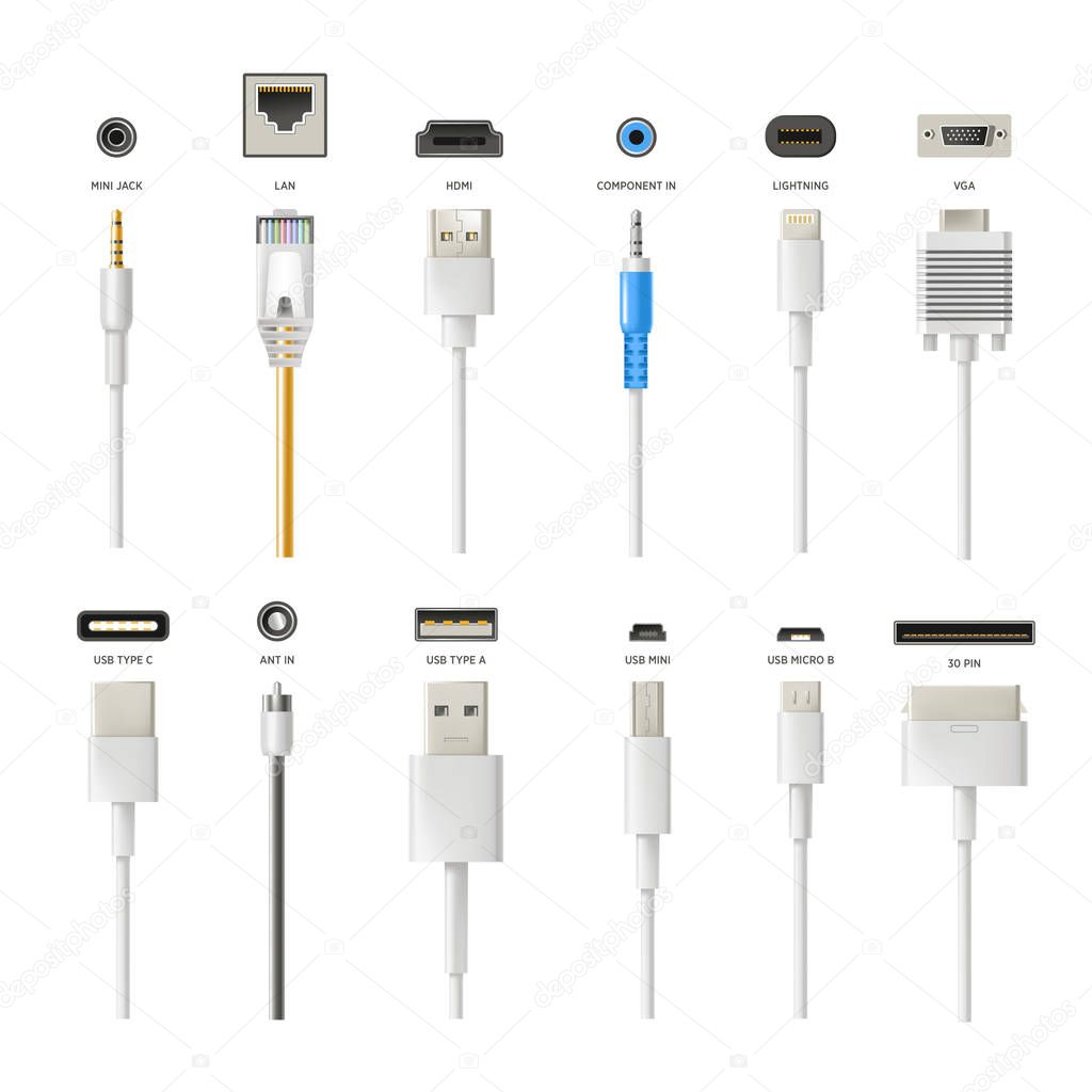 Plugs and wires isolated icons, connectors, modern technologies