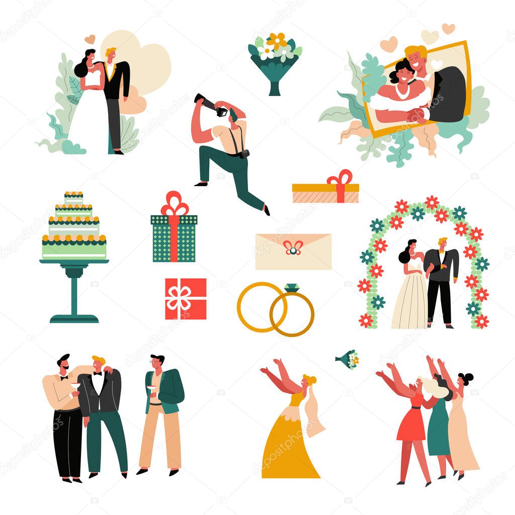 Wedding day or marriage ceremony, bride and groom isolated icons