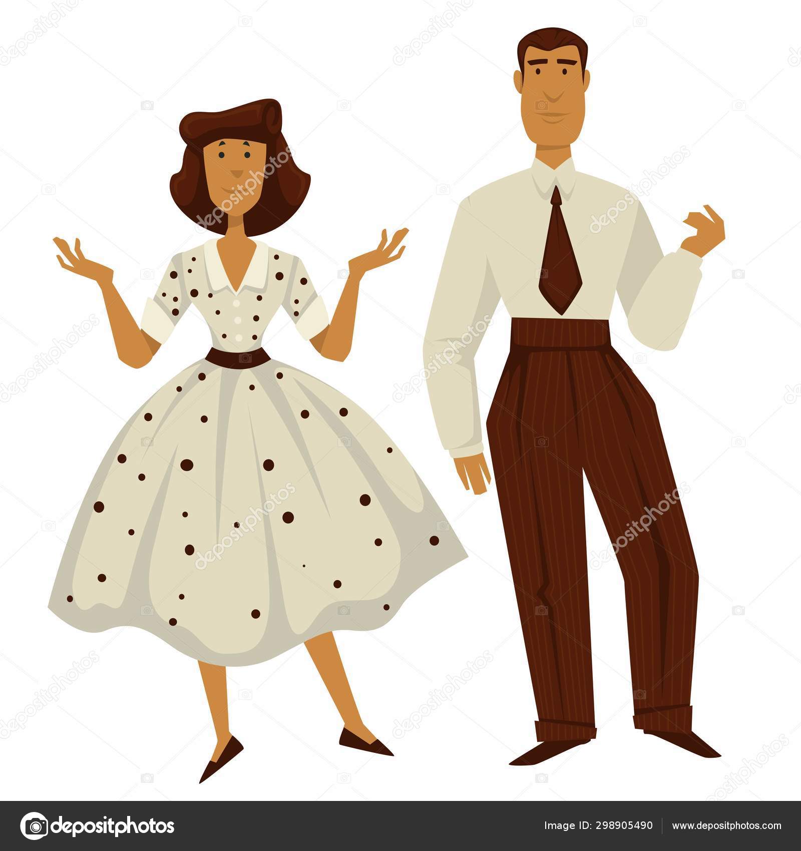 Man and woman in vintage 1950s style clothes, isolated characters