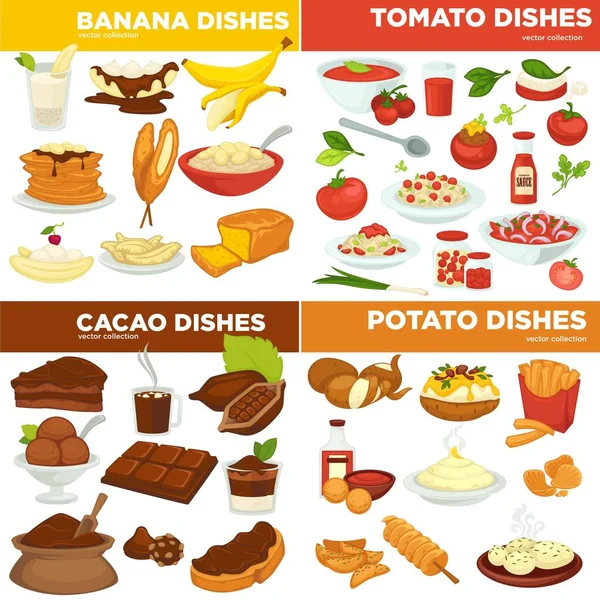 Бананові та томатні, какао та картопляні страви, Кулінарія та кухня — стоковий вектор