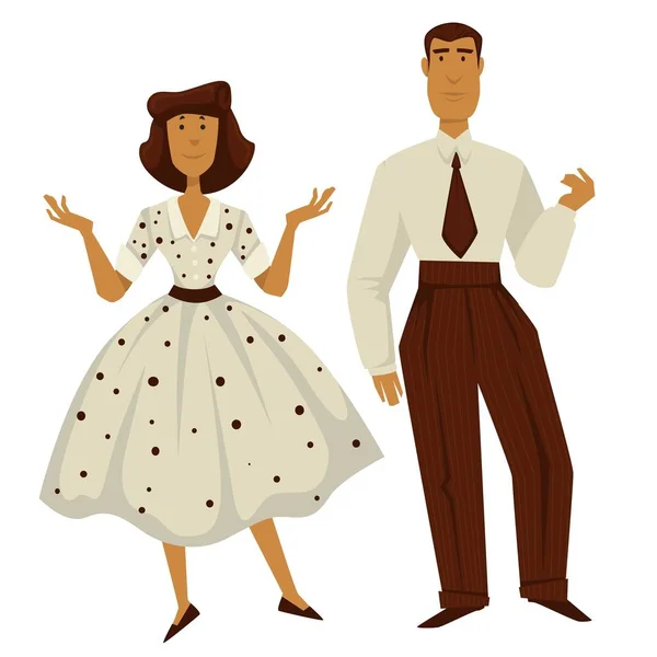 Hombre y mujer en ropa de estilo vintage de los años 50, personajes aislados — Vector de stock