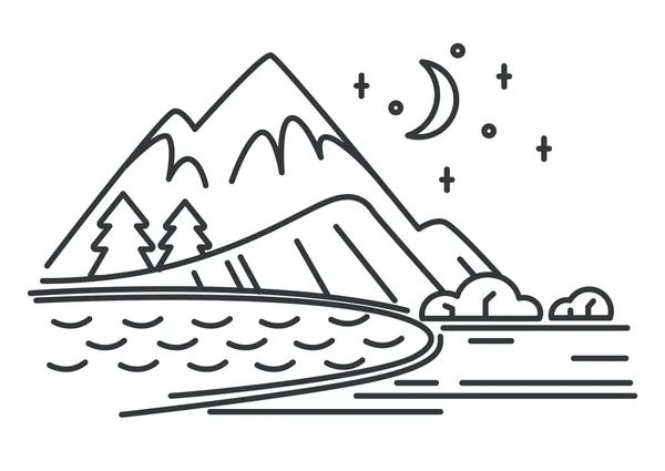 Berge und Fluss oder See, nächtliche Umrisse Landschaft, Mond am Himmel — Stockvektor