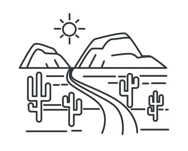 Bosquejo de paisaje de Texas, camino desierto o carretera y colinas — Vector de stock