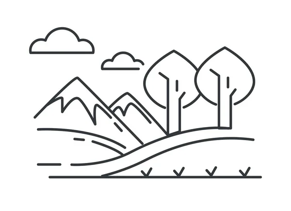 Пейзаж, гори і пагорби, дорога і дерева начерк — стоковий вектор