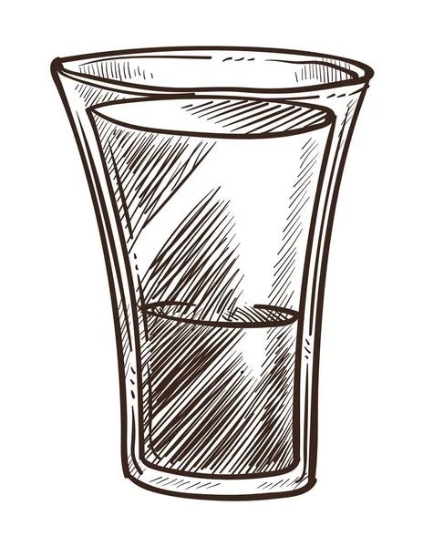 Alkoholgetränk, Wodka im Glas, Tequila oder Sambuca isolierte Skizze — Stockvektor