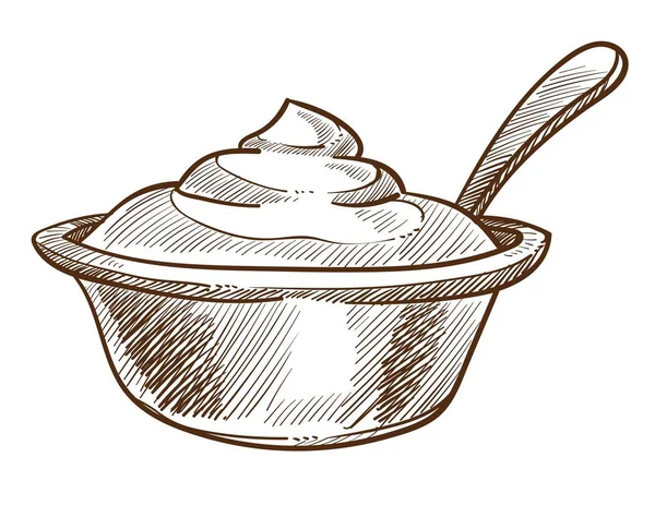 Γαλακτοκομικά προϊόντα, ξινή κρέμα σε μπολ με κουτάλι απομονωμένο σκίτσο — Διανυσματικό Αρχείο