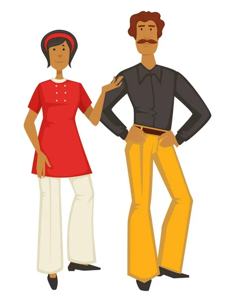 Pareja retro, estilo de moda de los años 70, hombre y mujer en pantalones — Vector de stock