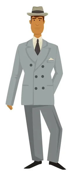 Чоловік у вінтажному костюмі та капелюсі, стиль моди 1930-х років, ретро вбрання — стоковий вектор