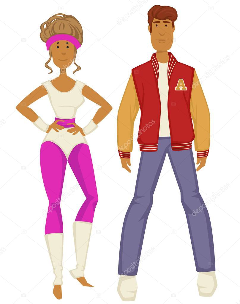 Hombre y mujer, pareja de 1980, traje de fitness y leggins de