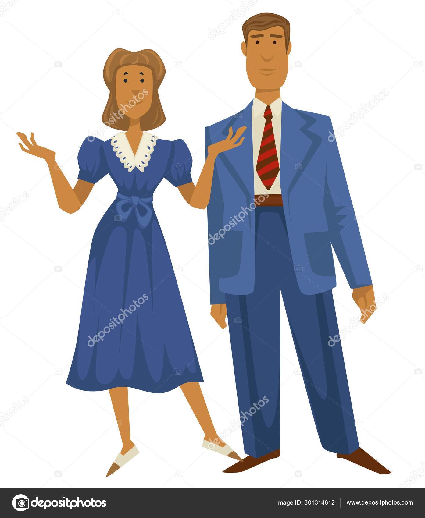 Retro par, 1940 mode stil, mand i jakkesæt kvinde i kjole Stock Vector by ©Sonulkaster 301314612
