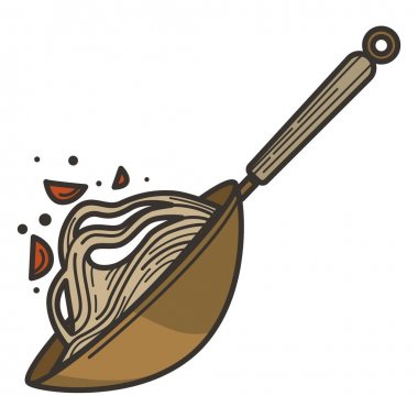 Biber ve domates izole yemek ile tavada Ramen erişte