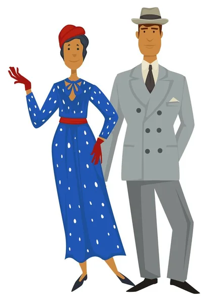 Moda retro, ropa de estilo 1930, hombre y mujer — Vector de stock