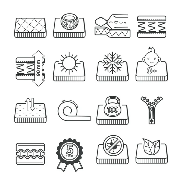 Lineart icone di caratteristiche cuscino materasso, biancheria da letto ortopedica — Vettoriale Stock