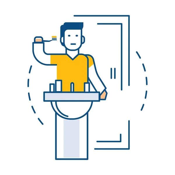 男子刷牙靠近水槽在浴室隔离图标 — 图库矢量图片