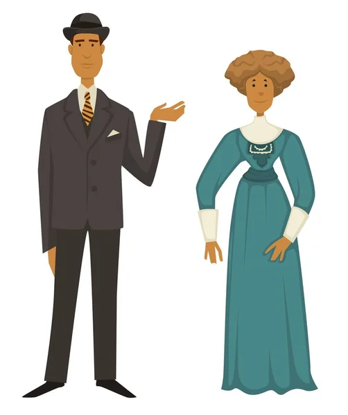 1910'ların retro modası, takım elbiseli erkek ve şapkalı kadın, jabotlu elbiseli kadın — Stok Vektör