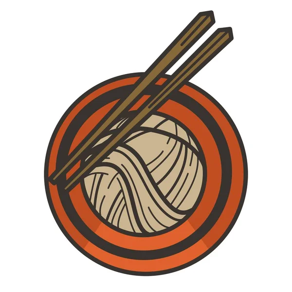 Fideos en tazón con palillos, cocina china, vista superior — Vector de stock