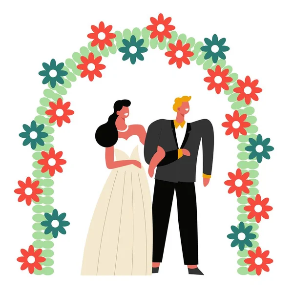 Jour de mariage, mariée et marié sous l'arc de fleurs caractères isolés — Image vectorielle