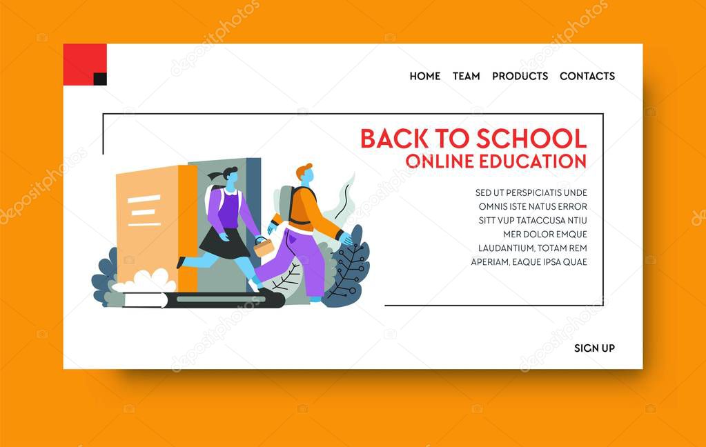 Distant learning or online education landing web page, school at home vector. Internet courses, e-learning and tutorials mobile website mockup. Training or university studies, subjects and homework