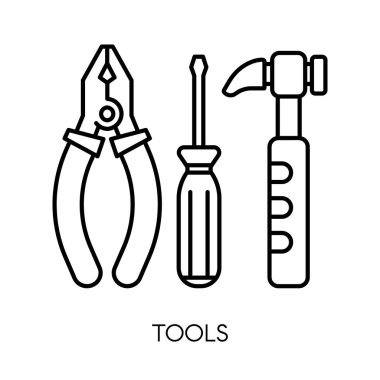 Araçlar, pliers ve çekiç, tornavida izole anahat simgesi