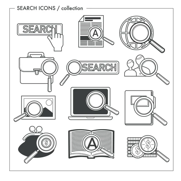 Data finding, search isolated icons, magnifying glass symbol — Stock Vector