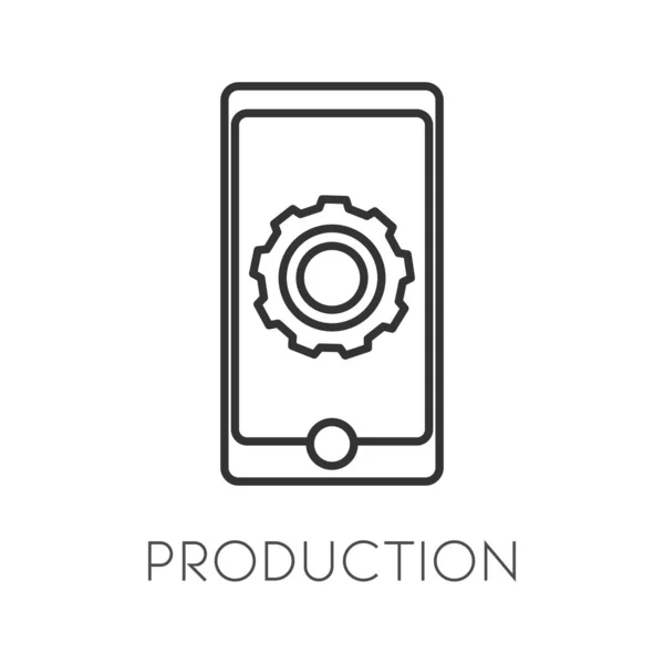 Icône de production isolée, gadget mobile ou smartphone avec roue dentée symbole linéaire — Image vectorielle