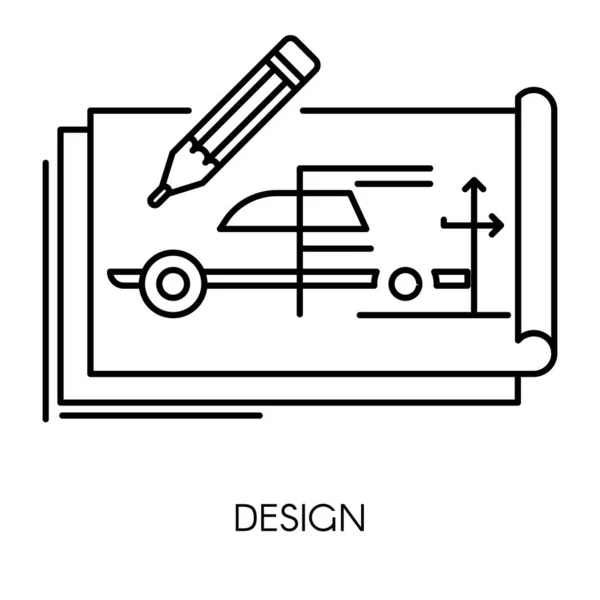 Техническое проектирование автомобиля, чертеж обособленный значок — стоковый вектор