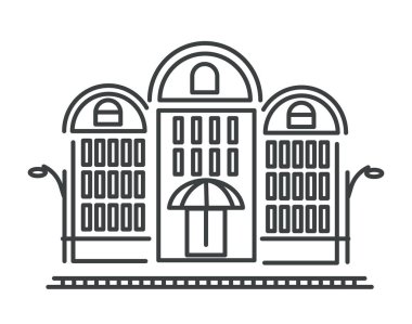 Kentsel mimari, zemin katta izole simgesi üzerinde mağaza ile apartman