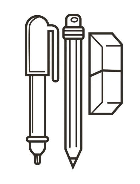 Crayon, stylo et gomme objets isolés, papeterie scolaire, outils d'écriture — Image vectorielle