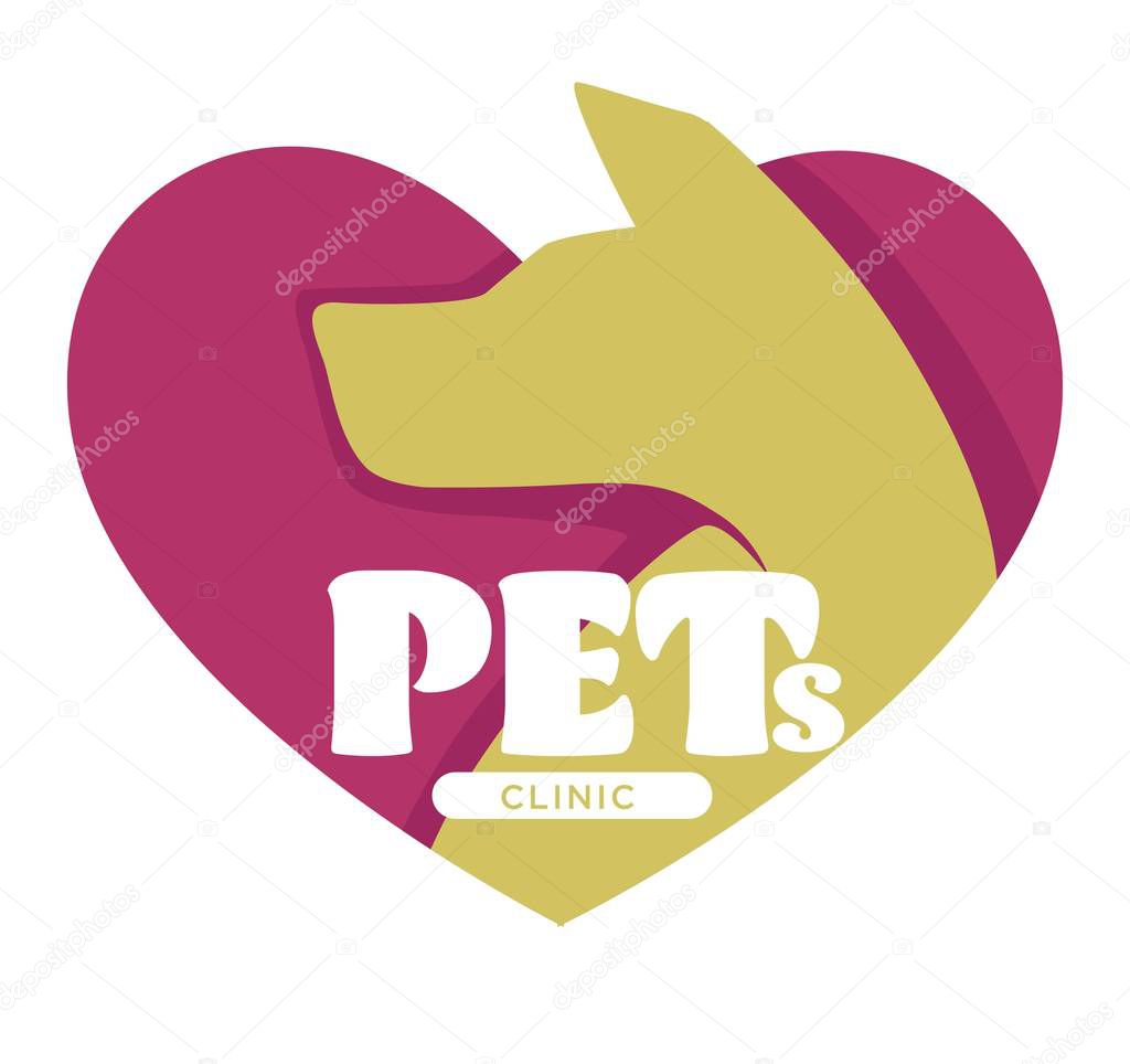Vet clinic, pets health isolated icon, dog head silhouette inside heart vector. Domestic animal care, medicine and healthcare emblem or logo. Veterinarian hospital, help or aid, medical examination