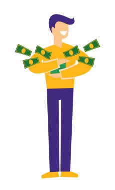 Adam para, kazanmak veya ikramiye ve piyango, nakit veya dolar banknotlar, izole erkek karakter vektör tutan. Kumar ya da iş başarısı, finansal kar. Ödül ve kazanan, büyük maaş veya ikramiye, gelir