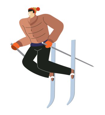 Kayakçı atlama, kış sporu, sopalarla gökyüzünde ki adam izole edilmiş erkek karakter vektörü. Dağ kayağı, palto lu ve örme şapkalı sporcu. Wintertime tesisi, spor ekipmanları, rekreasyon