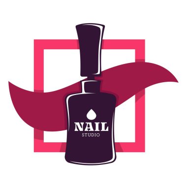 Güzellik salonu, tırnak stüdyosu ve el bakımı izole simge vektör. Tırnak cilası veya vernik şişesi, renk sıçraması, manikür ve pedikür, cilt bakımı. Tırnaklar ve ayak tırnakları, spa prosedürleri amblemi veya logosu