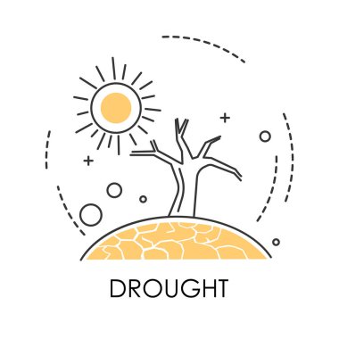 Kuru toprak ve ağaç, kuraklık veya doğal afet, sıcak hava izole simge vektör. Çöl manzarası, zemindeki çatlaklar, yüksek atmosfer sıcaklığı. Bitki örtüsü nün tükenmesi, çevre sorunu