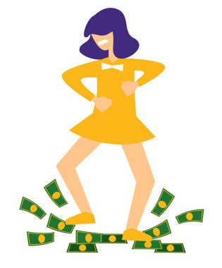 Kız dolar banknotları, piyango kazanan ve ikramiye kazanan, izole kadın karakter vektör üzerinde dans. Kadın ve para yerde, başarılı bir iş. Kar veya gelir, zengin, servet ve zenginlik elde