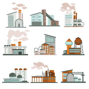 Fabrikalar izole, nükleer enerji santrali ve sanayi bölgesi inşaatları vektör. Kentsel üretim istasyonları ve depo, boru ve bacalar. Duman ve buharlaşma, çevre kirliliği