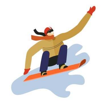 Atlet veya snowboardcu snowboard, kış sporları, izole erkek karakter vektör atlama. Açık hava aktivitesi, dağlarda atkı snowboard adam. Sporcu, aktif yaşam tarzı, karlı yamaçta aşırı
