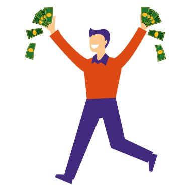 Zengin adam ve finansal başarı, ikramiye veya kar, adam dolar banknotları, izole karakter vektör ile çalışan. Maaş ve gelir, para kazanmak. Kumar oyunu kazanmak, kazanan veya başarılı işadamı