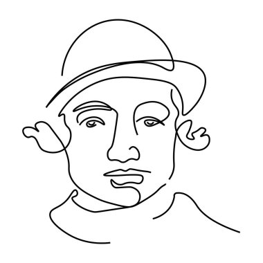 Bowler şapka portre sürekli çizgi Yahudi adam, yüz ifadesi izole simge vektör. Bir çizgi sanat, kıvırcık saçlı erkek yüzü el çizilmiş siluet. Avatar, anahat sanat, Yahudi kişi özellikleri
