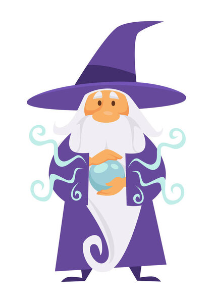 Magic witch, wizard in action with crystal ball, isolated male character vector. Magician tool and magic or mystery, medieval spelling sorcerer merlin. Male witchcraft, elderly with beard, fairytale